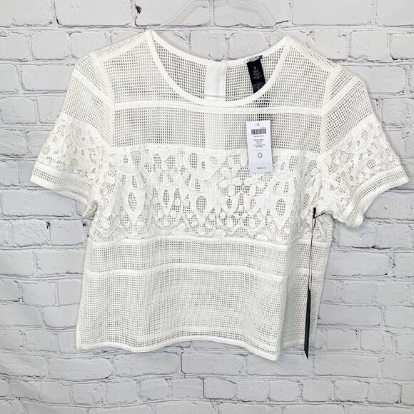 NWT CHICO'S BLACK LABEL ANTIQUE WHITE OPEN MESH & LACE TOP - SMALL/0 - Picture 4 of 5
